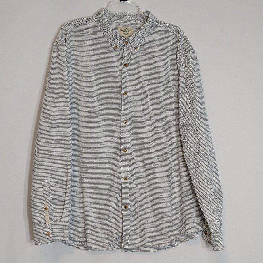 AMERICAN EAGLE White/Gray Oxford Stripe Long Sleeve Button Shirt; Size 3XL